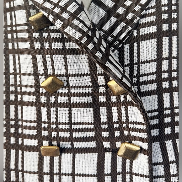 VINTAGE SAKS FIFTH AVENUE BROWN AND WHITE PLAID KNIT JACKET WITH GOLD BUTTONS L - Picture 4 of 4